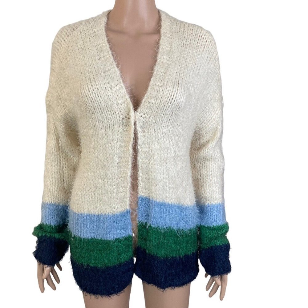 #68 Hem & Thread Sweater Womens Small Open Front Eyelash Striped Multicolor